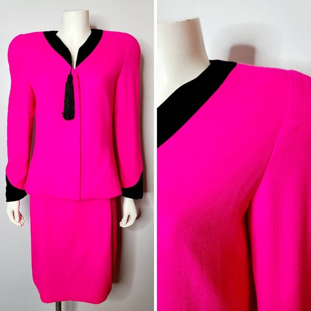 Vintage 1980s Caroline Herrera Skirt Suit, Hot Pink, Black Velvet, Designer